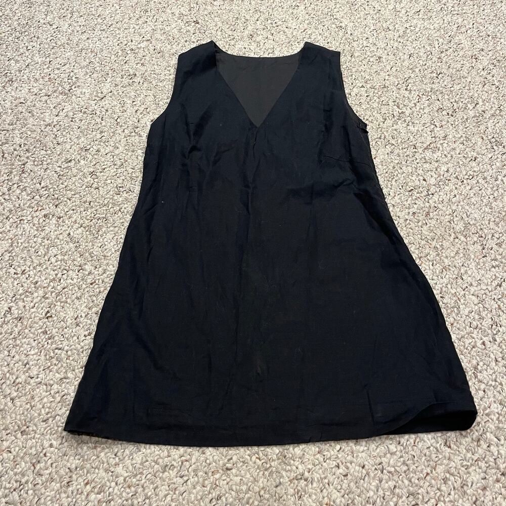 Commense Cotton Linen V-Neck Short Dress XS Black Classic Coastal Preppy Casual